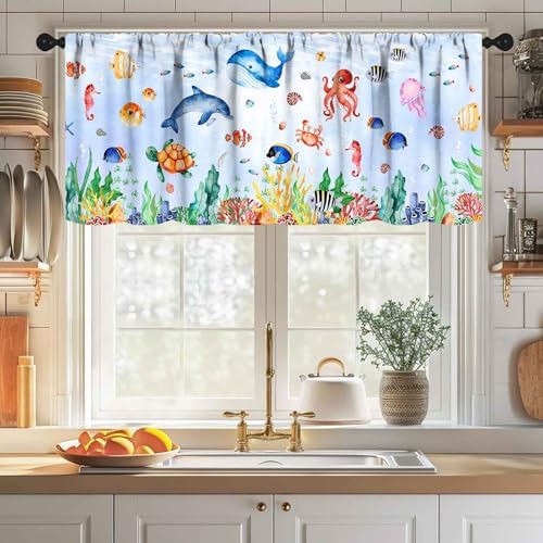 Whale Window Valance for Kids Room, Cartoon Cute Ocean Fish Shark Underwater - Image 3