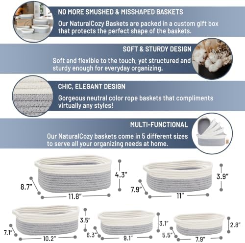 NaturalCozy 5-Piece Rectangle Storage Basket Set- Natural Cotton Rope Woven - Image 2
