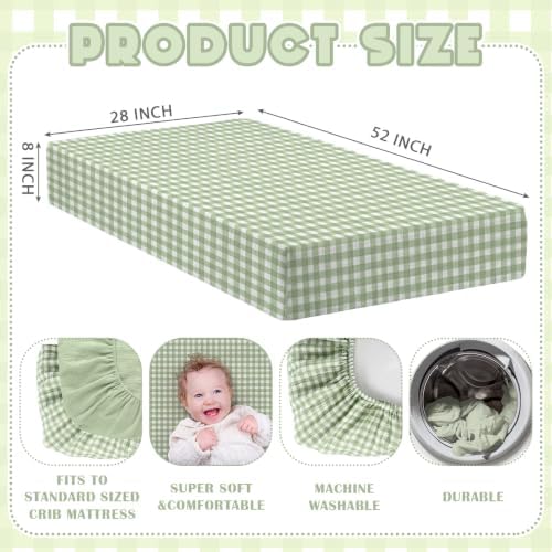 Breling 2 Pcs Muslin Green and Green Gingham Crib Sheets - Image 2