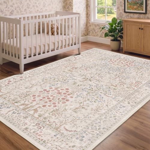 Cream Floral Area Rug 5x8, Low Pile Thin Fantasy Woodland Rugs - Image 4