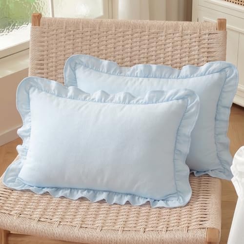 Set of 2 Light Blue Ruffled Lumbar Pillow Covers 12x20 Inch, Soft Fabric Solid by HOSTECCO