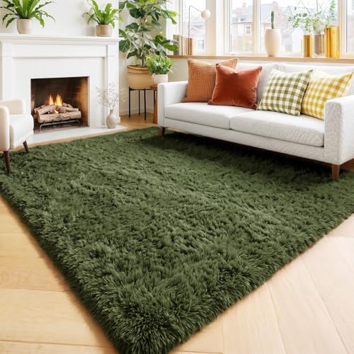 Amdrebio Olive Green Large Fuzzy Furry Area Rug 6x9 by Amdrebio