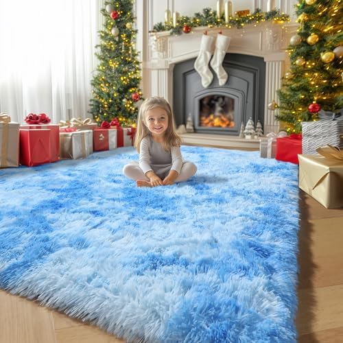 Amdrebio Tie-Dyed Light Blue Fluffy Area Rug 5x7 by Amdrebio