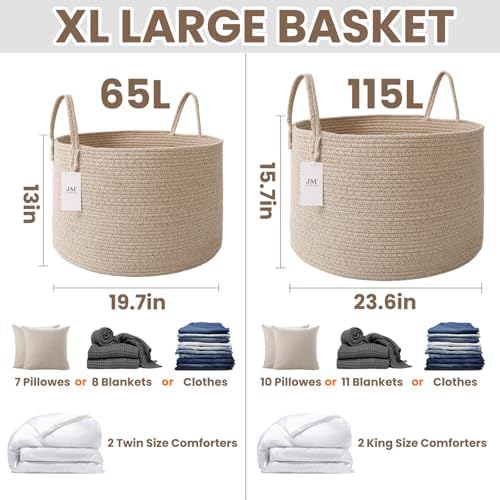 JMvicyroam 65L Extra Large Machine Washable Cotton Rope Blanket Basket - Image 3