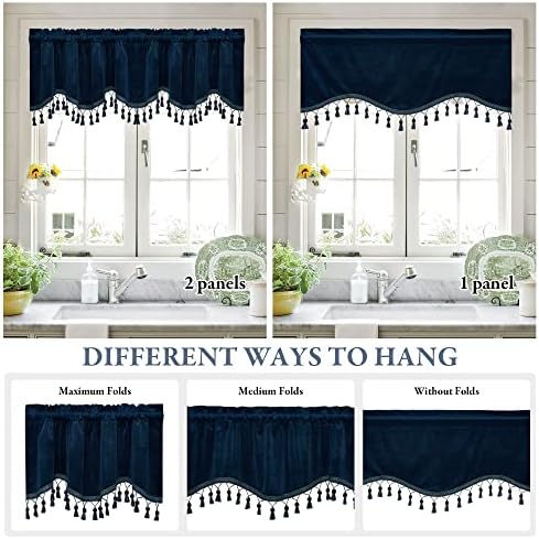 StangH Navy Blue Tassel Velvet Valances Curtains 52x18 Inch, 2 Panels - Image 5