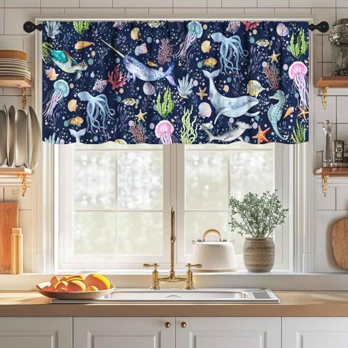 Shark Curtains Valance for Kids Room, Cartoon Sea Underwater Ocean Whale Turtle - Image 3