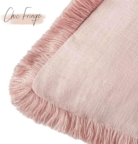 Foindtower Decorative Linen Fringe Throw Pillow Covers 16×16 Light Pink - Image 3