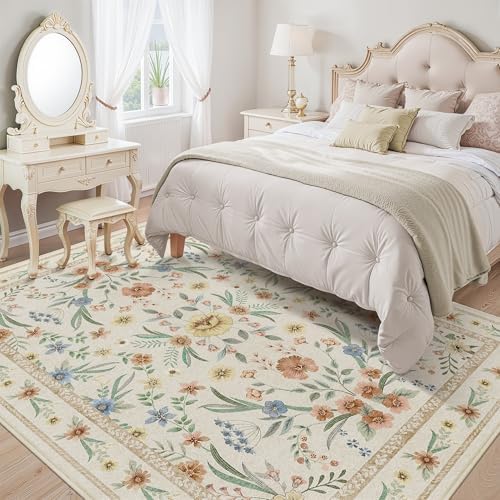 Beige Floral Washable Rug 7x9 – Large Vintage Boho Non-Slip Carpet, Soft Low - Image 2