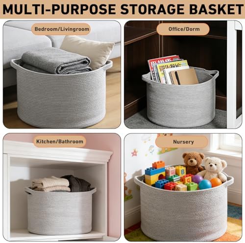 65L Large Blanket Basket, Woven Rope Laundry Basket-Light Gry - Image 6