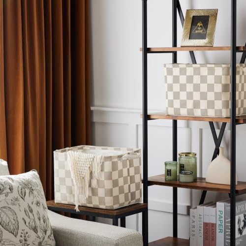 Ohocut Beige Khaki Checkered Canvas Basket, Rectangular Organizing Decorative - Image 3