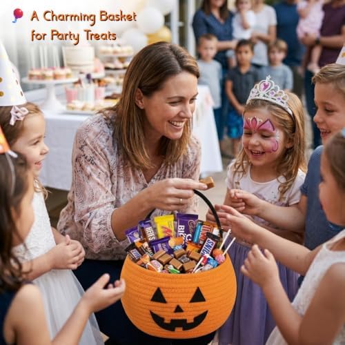 Pumpkin Storage Basket | Woven Cotton Rope Bin | Cute Halloween Candy Bowl - Image 2