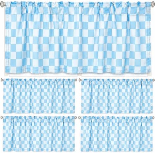 4 Pcs Pastel Blue Checkered Window Valance Curtains by Mindsoft