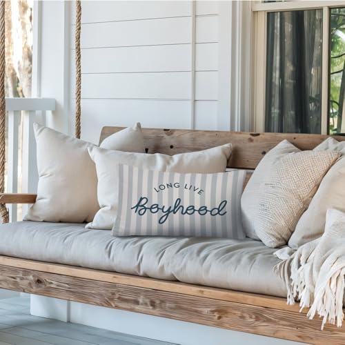 Boy Nursery Decor 12x20 Pillow Cover, Long Live Boyhood Neutral Striped - Image 6