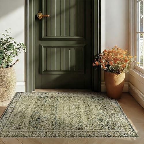 Floral Area Rug with Washable Low Pile Vintage Print Olive Tan Rugs 3x5 - Image 5
