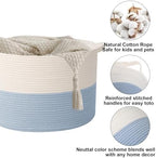 115L Extra Large Woven Blanket Basket, Laundry Hamper-White&Blue - Image 3