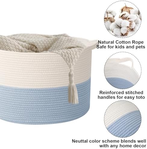115L Extra Large Woven Blanket Basket, Laundry Hamper-White&Blue - Image 3