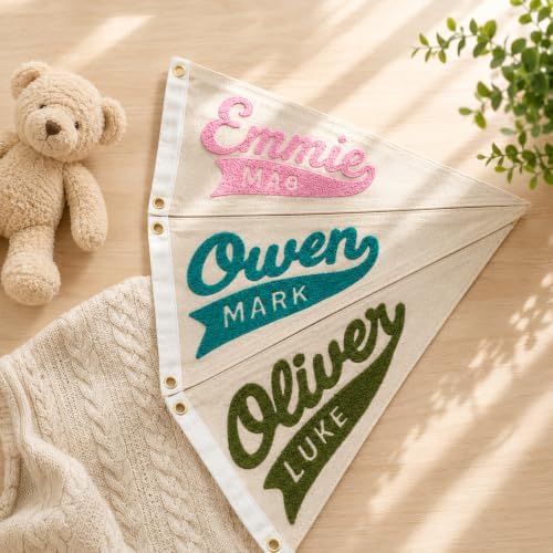 Custom Hand Embroidered Pennant Flag Personalized Baby Name Canvas Banner - Image 2