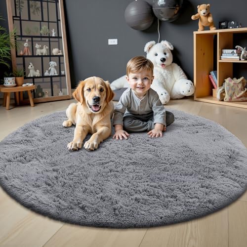 OLANLY Light Grey Round Rugs for Bedroom - Image 2