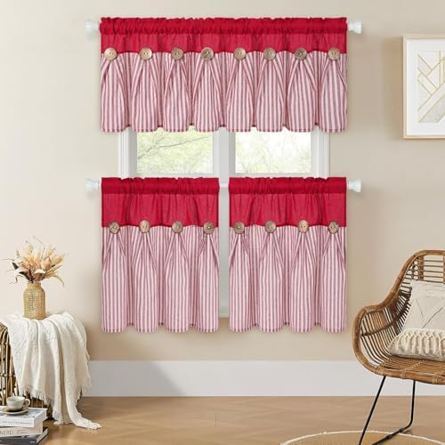 ASPMIZ Linen Kitchen Curtains 24 Inch Length, Farmhouse Boho Button Kitchen - Image 3