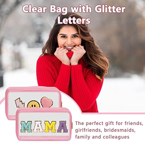 Iqimott Clear Patch Makeup Bag Mama Pouch, Preppy Personalized Chenille Letter - Image 5