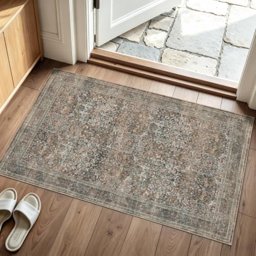 JOLLYVOGUE Entryway Rug, 2x3 Washable Vintage Floral Rug, Vintage Brown by JOLLYVOGUE