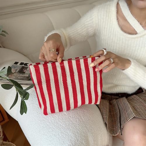 Flat Makeup Bag for Women, Zipper Cosmetic Pouch for Purse, Stripe Red - Image 2