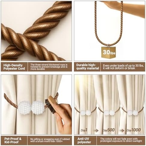 Hion Magnetic Curtain Tiebacks Dark Brown 2pcs, Curtain Holdbacks Hooks - Image 4