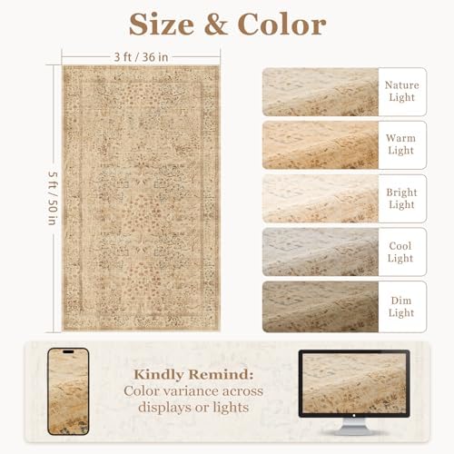 Neutral Tan Small Throw Rugs 3x5, Vintage Distressed Tree of Life Washable - Image 2
