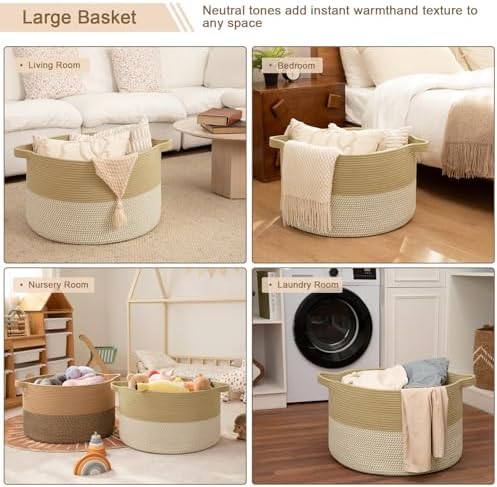 OIAHOMY 90L XXXLarge Blanket Basket Living Room Laundry Basket Jute&White - Image 5