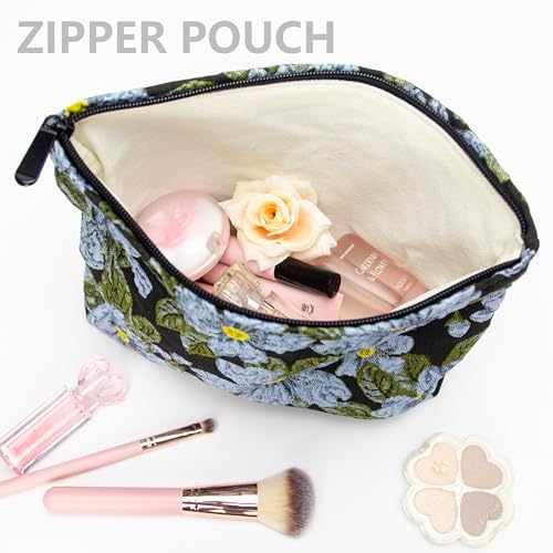Flat Makeup Bag for Women, Zipper Cosmetic Pouch Purse, Brocade Flower Black - Image 3