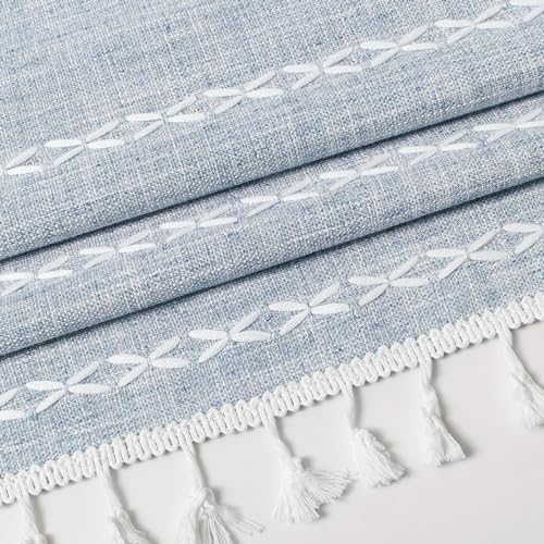 MitoVilla Blue Boho Linen Bedroom Curtains 84 Inch Length 2 Panels Set - Image 3
