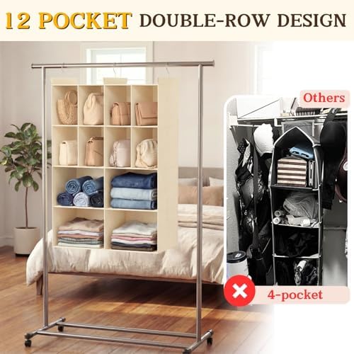 4 Tier Hanging Closet Organizer, 12 Compartments Dual Row Storage - Image 4