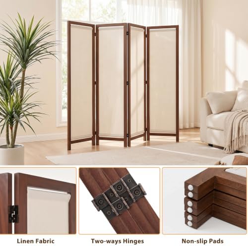 Wood Room Divider Panel with Linen Fabric, Boho Folding Privacy Screen 67" - Image 2