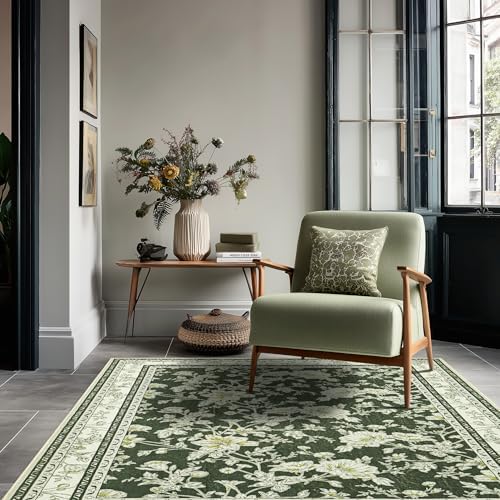 BILEEHOME Olive Green Sketch Floral Rug 4x6 Non Slip Small Rugs by BILEEHOME