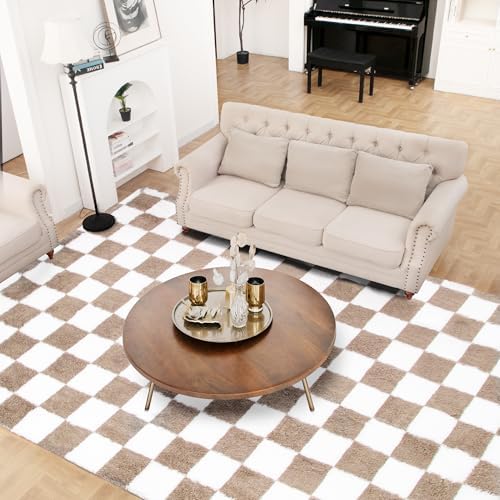 Super Soft Rug for Bedroom, 4x6 Ft Beige and White Area Rug Classic Checkered - Image 2
