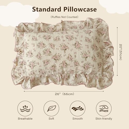 BuLuTu Muslin Pink Floral Pillow Cases Standard Size - Image 2