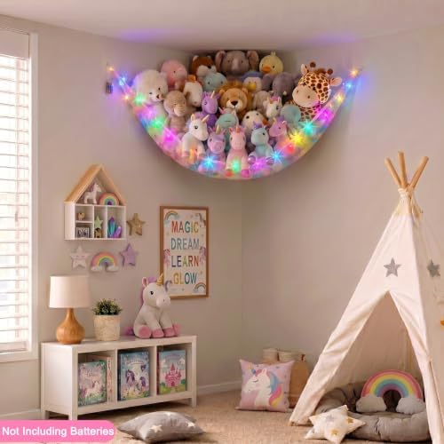 Stuffed Animals Hammock with LED Light Toy Net Room Decor Corner Storage - Image 2