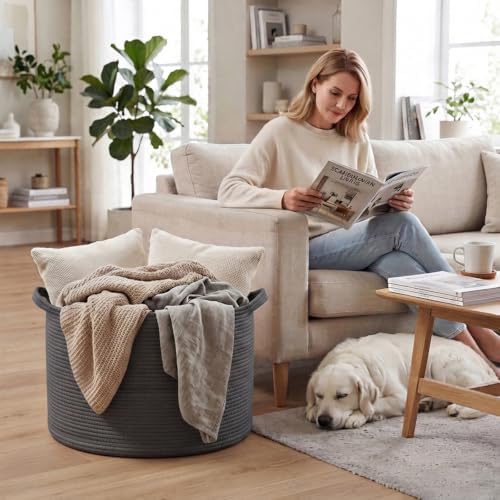 115L Extra Large Blanket Basket, Woven Rope Laundry Basket-Dark Grey - Image 4