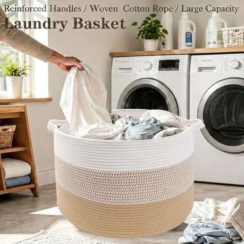65L Large Blanket Basket, Cotton Rope Woven Laundry Basket-Yellow - Image 5