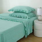 2 Pack Spa Blue White Plaid Ruffle Gingham King Size Pillow Shams, 100% Washed - Image 3