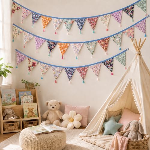 G2PLUS 10.8Ft Cotton Triangle Bunting Banner – 12pcs Multicolor Floral Fabric - Image 4