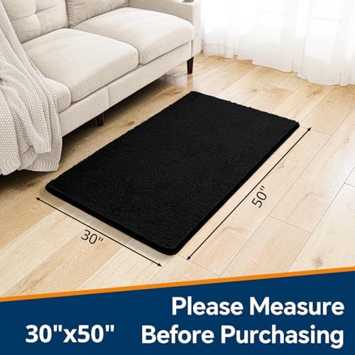 Chenille Bathroom Rug 30"x50" Black, Large Plush Bath Mat - Image 2