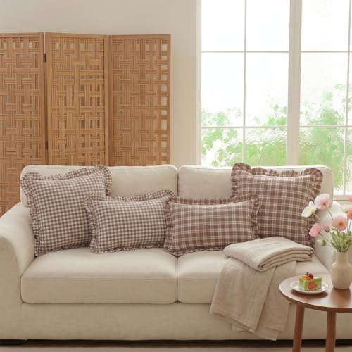 Set of 2 Ruffle Plaid Lumbar Pillow Covers 12x20 Inch Cotton Brown and White - Image 6