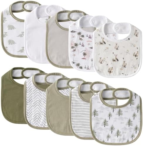 10 Pack Cotton Snap Bibs for Baby Boy Girl, Super Soft Drool Bibs for Teething by EgmaoBaby