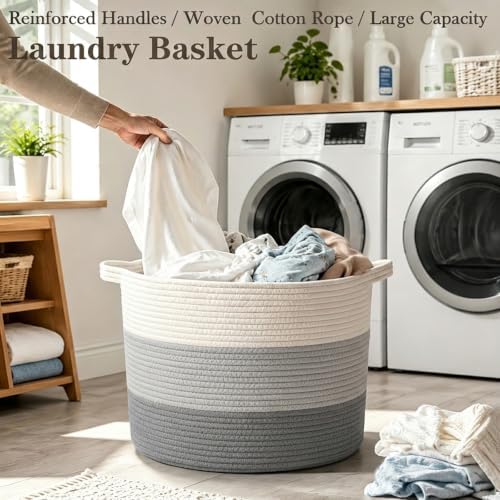 90L Extra Large Blanket Basket, Woven Rope Laundry Basket-Grey - Image 5