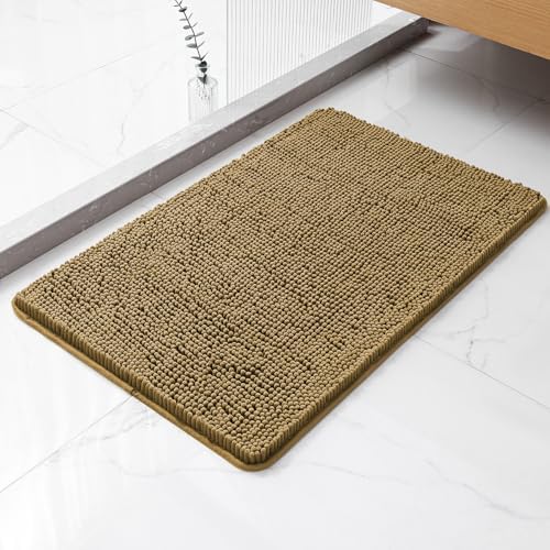 Chenille Bathroom Rug 20"x32" Tan, Non-Slip Plush Bath Mat by Kildoss