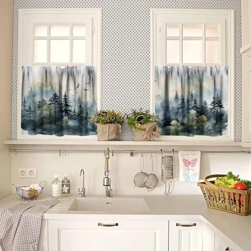 Forest Kitchen Valance Curtain, Watercolor Style Nature Mountain Woodland Green - Image 2