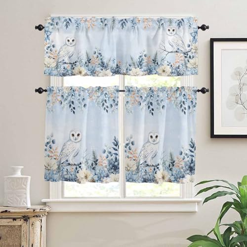 Blue Christmas Kitchen Curtains and Valances Set, Winter Snowy Owl Poinsettia - Image 3