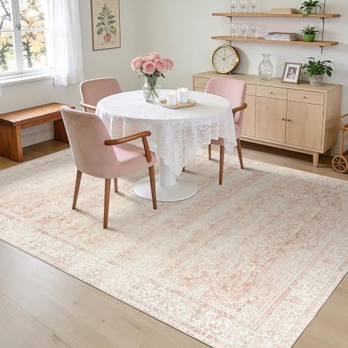 Blush Pink Floral Rug 5x8 Washable Vintage Distressed Rugs - Image 5