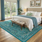 Teal Floral Area Rug 6x9, Low Pile Thin Non Slip Washable Rugs - Image 5